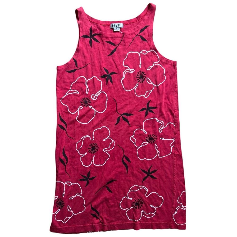 M.Mac Red Hibiscus Floral Cotton Maxi Dress Short Sleeve Medium USA Made COTTON